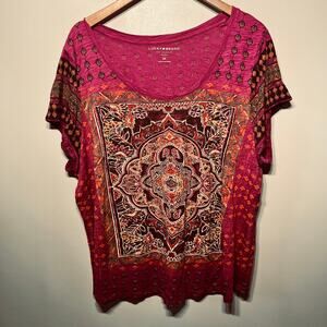 Lucky Brand Top Tunic Fuchsia Pink Knit Boho Artsy Scoop Neck Comfy Casual 2X